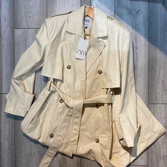 Zara Jackets & Blazers - zara cream faux leather trench coat size M-L new with tag